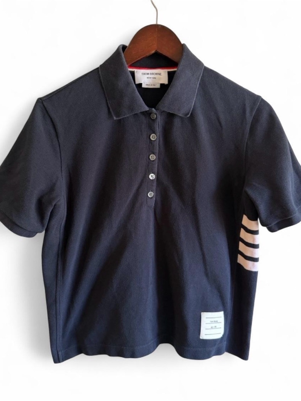 Thom Browne Navy Polo with Pink Sleeve Stripes